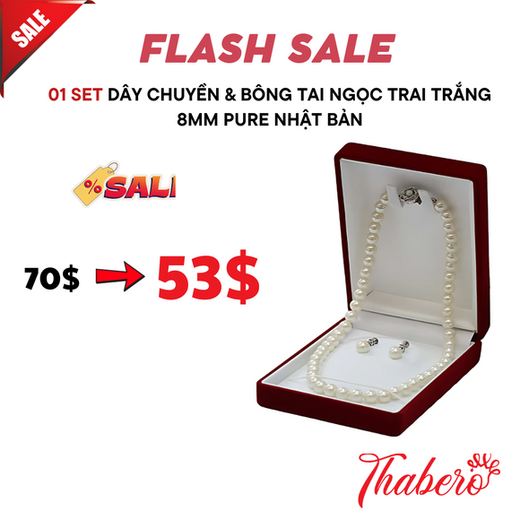 Set dây chuyền & bông tai ngọc trai trắng 8mm Pure Nhật Bản